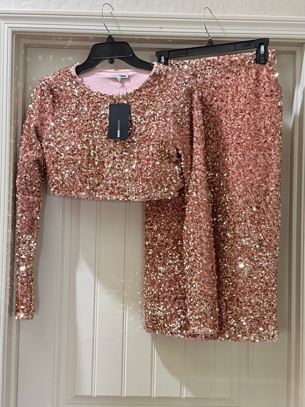 Fashion Nova Rose Gold Sequin Crop Top & Skirt Set